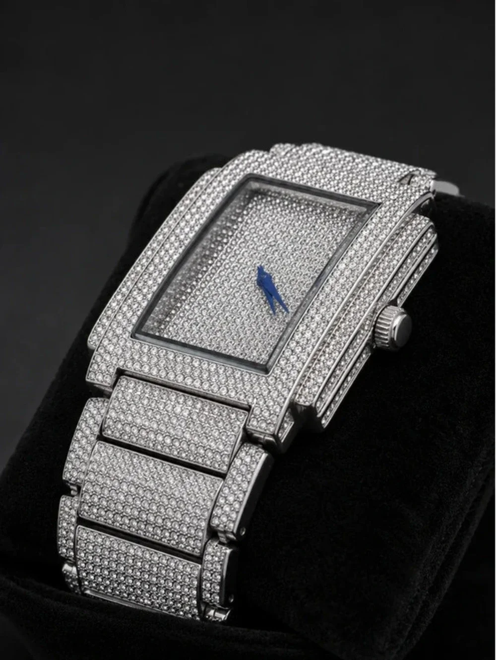 #602  42mm Iced Out Bling Chandelier Watch – Silver Tone with Blue Hands